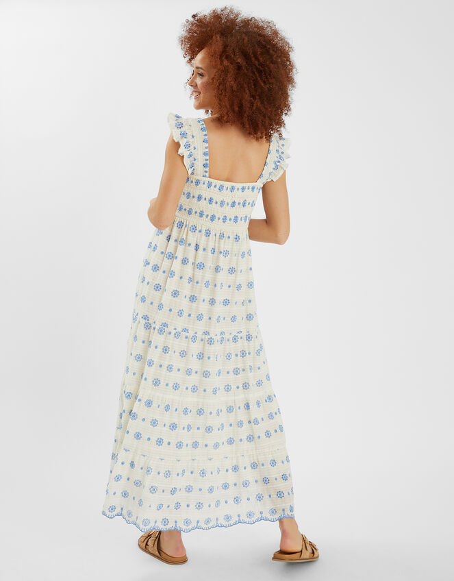 Broderie Smocked Metallic Maxi Dress, White (WHITE), large
