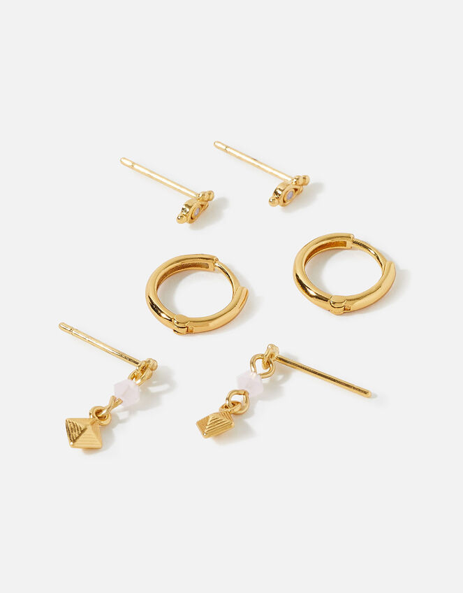 14ct Gold-Plated Rose Quartz Earrings Set of Three, , large