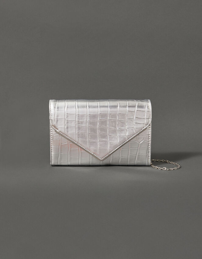 Milly Croc Clutch Bag, Silver (SILVER), large