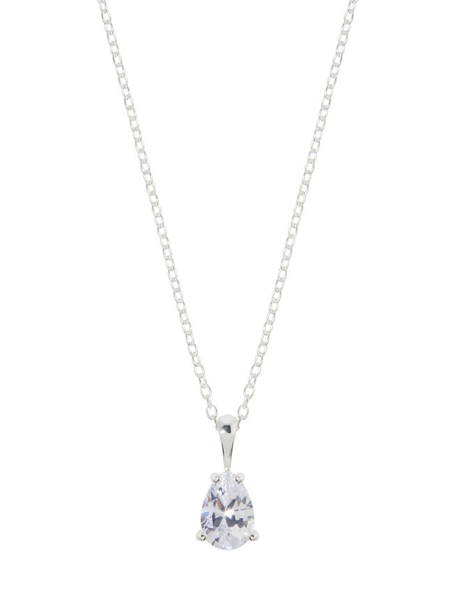 Sterling Silver Pear Solitaire Necklace, , large