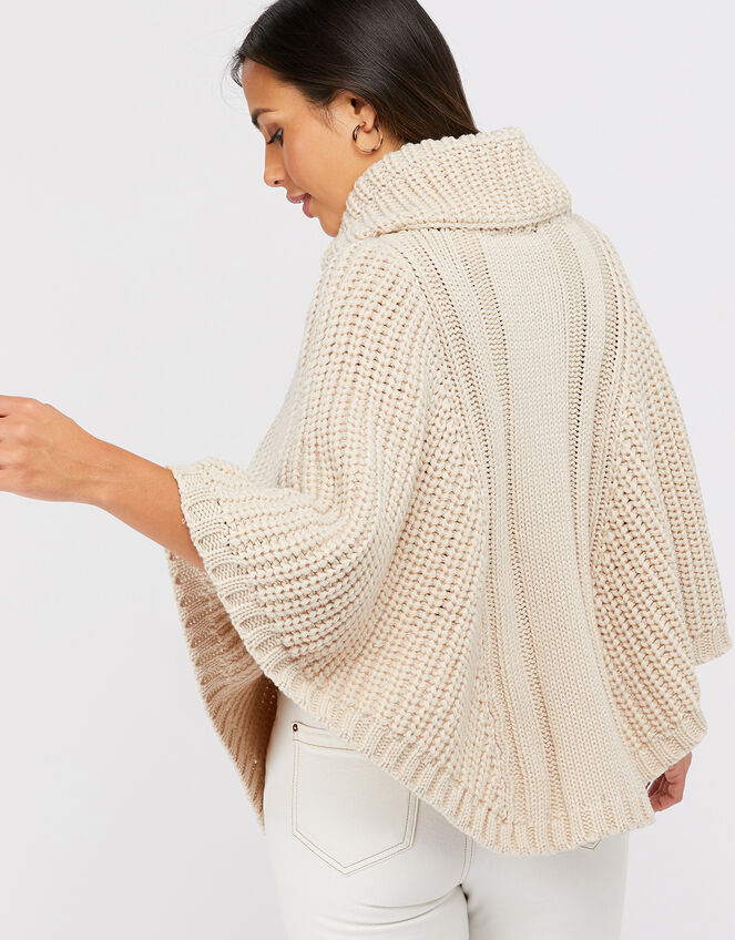 Chunky Cable Knit Poncho, Natural, large