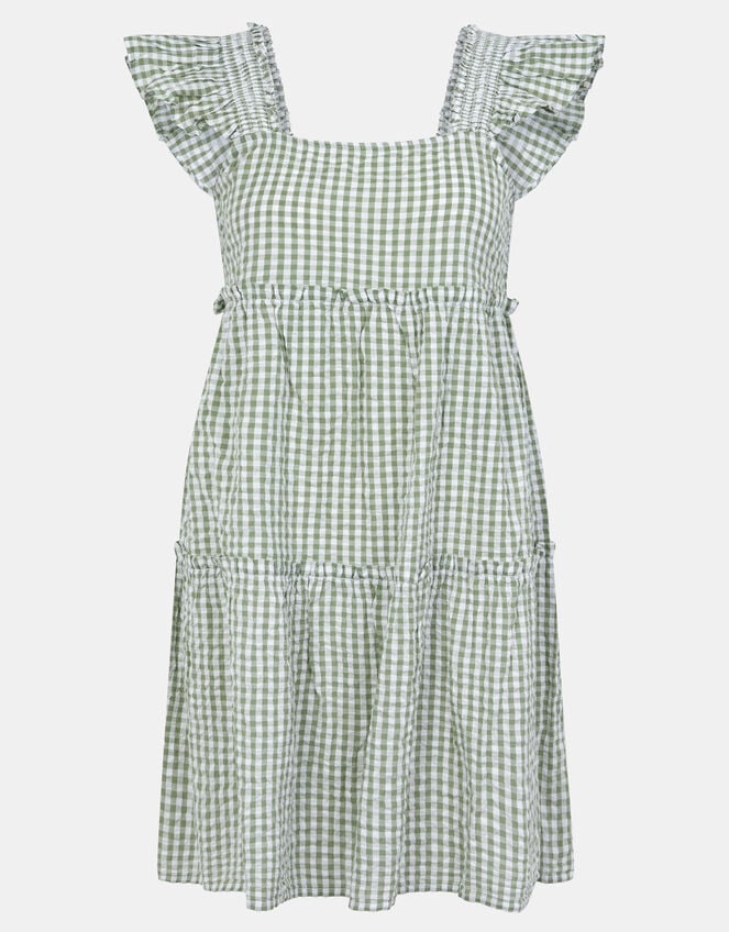 Gingham Print Frill Mini Dress, Green (KHAKI), large