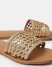 Woven Metallic Leather Slide Sandals, Gold (GOLD), large