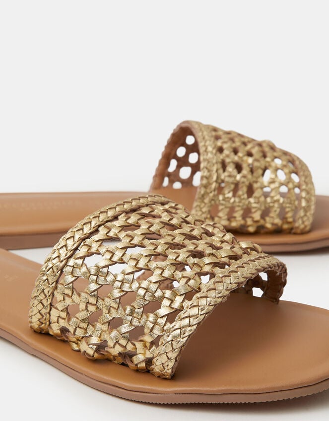 Woven Metallic Leather Slide Sandals, Gold (GOLD), large