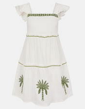 Palm Embroidered Frilly Mini Dress, Ivory (IVORY), large
