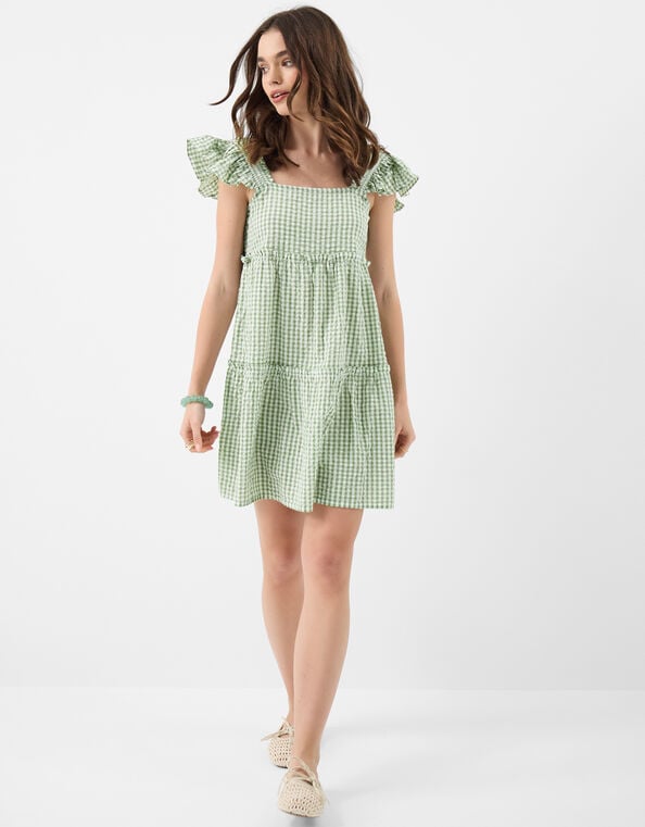 Gingham Print Frill Mini Dress, Green (KHAKI), large