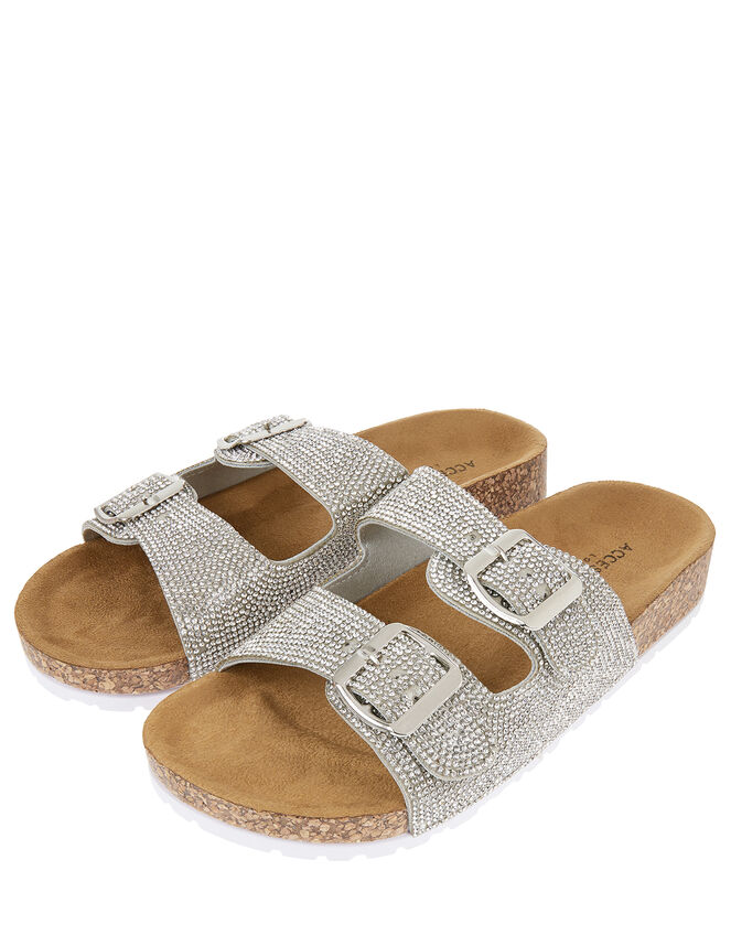 Diamante Buckle Sliders Silver, Sandals & Flip Flops