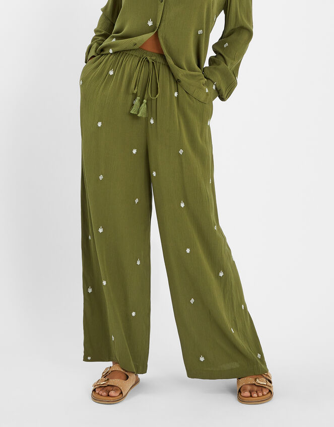 Embroidered Crinkle Trousers, Green (KHAKI), large
