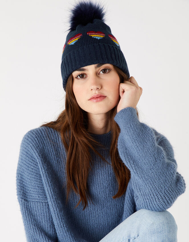 Rainbow Heart Knit Pom-Pom Beanie, , large