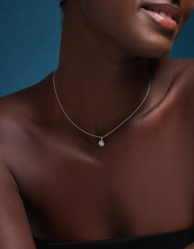 Sterling Silver Diamanté Halo Pendant Necklace, , large