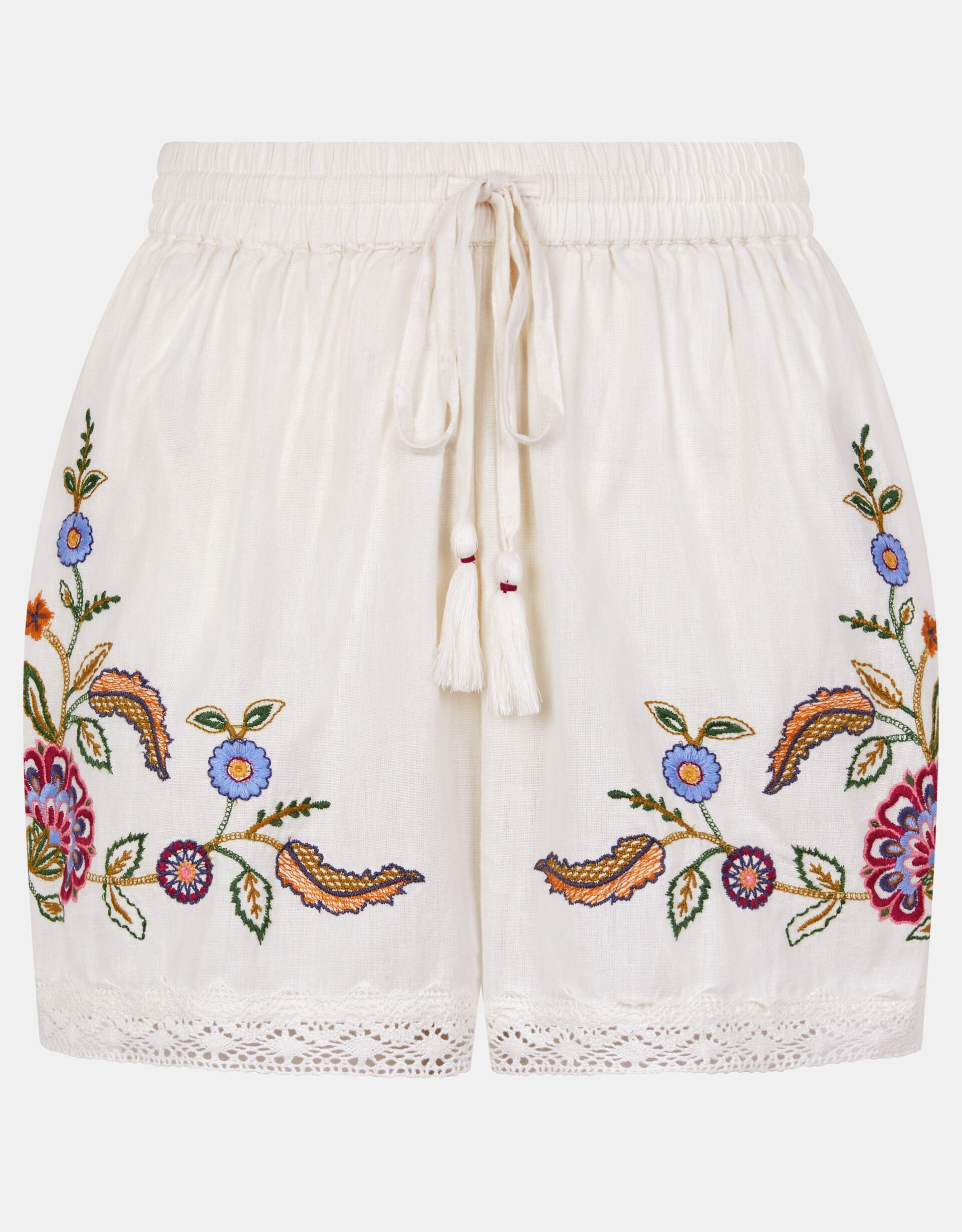 Floral Embroidered Lace Trim Shorts, Ivory (IVORY), large