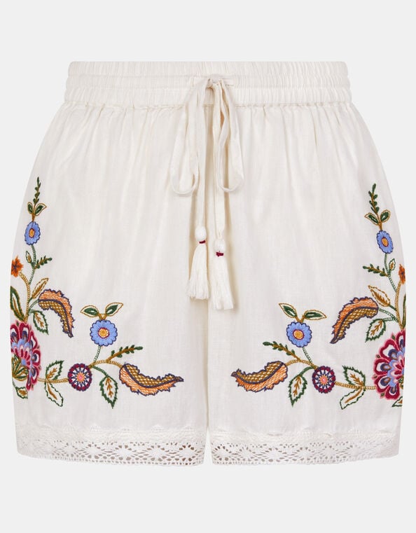 Floral Embroidered Lace Trim Shorts, Ivory (IVORY), large