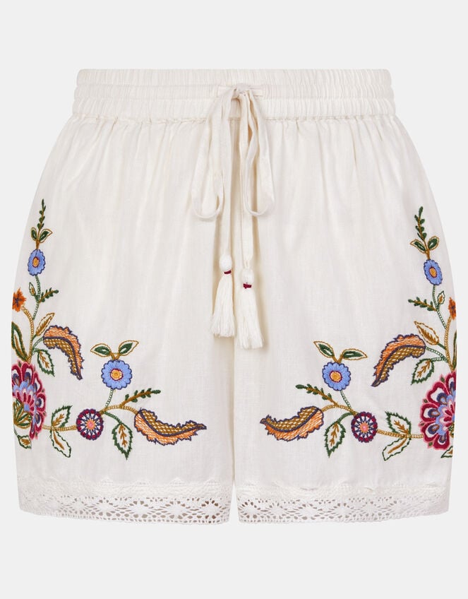 Floral Embroidered Lace Trim Shorts, Ivory (IVORY), large