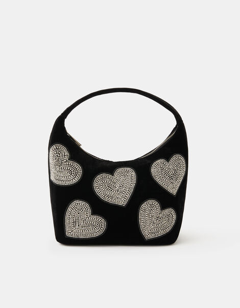Heart Embellished Velvet Handbag, , large
