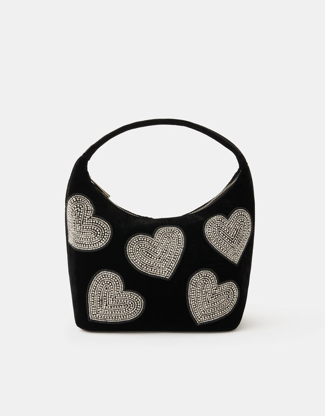 Heart Embellished Velvet Handbag, , large