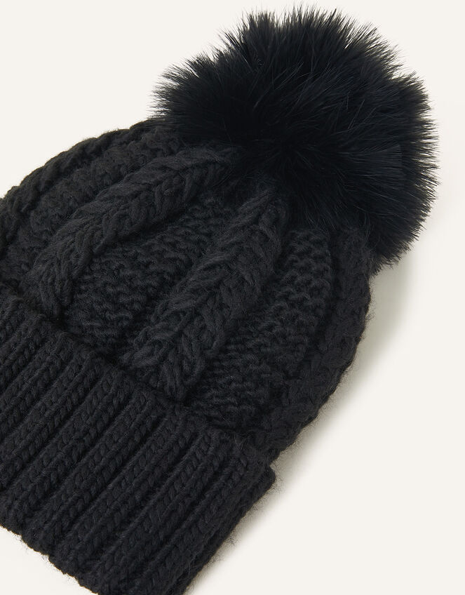 Pom-Pom Beanie Hat, Black (BLACK), large