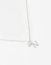 Sterling Silver Heart Initial Necklace - N, , large