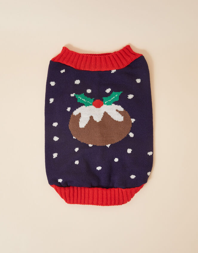 Christmas Pudding Dog Jumper, Blue (NAVY), large