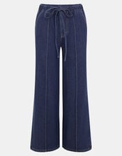 Denim Pintuck Wide Leg Trousers, Blue (DARK BLUE), large