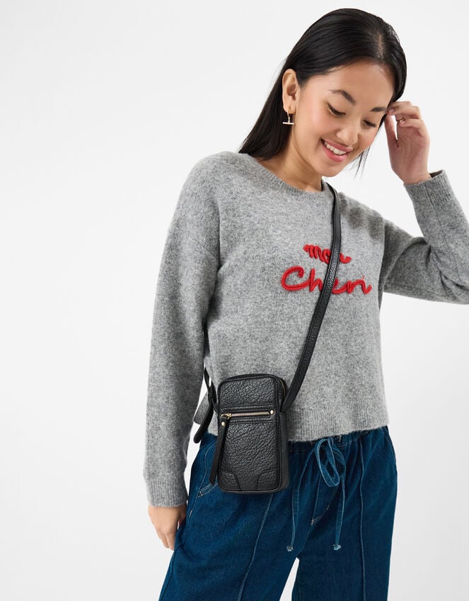 Faux Leather Crossbody Phone Bag, Black (BLACK), large