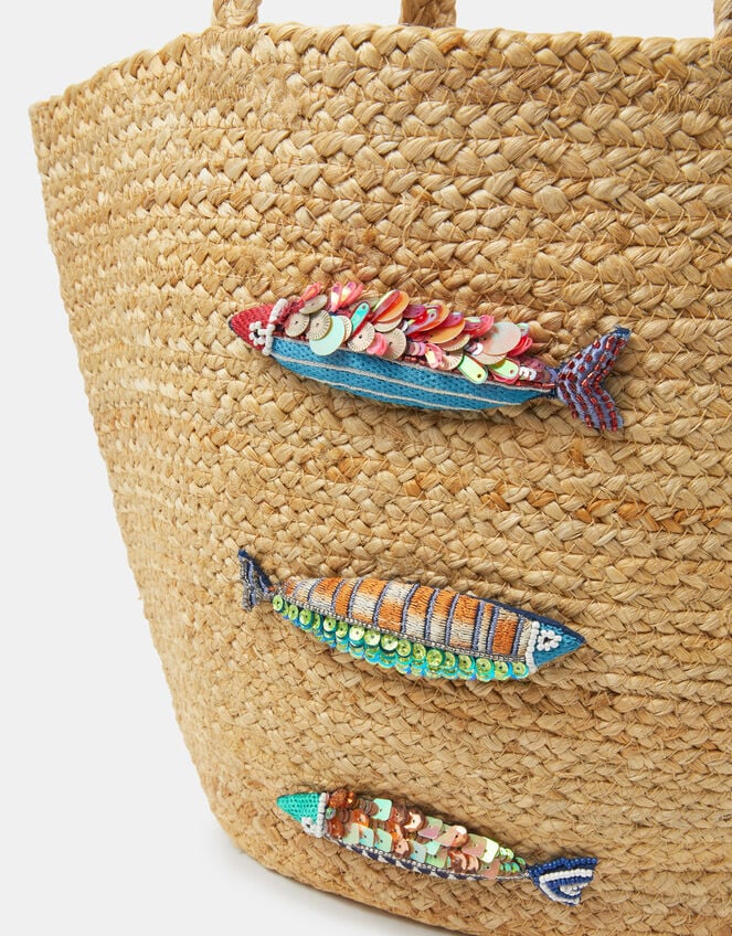 Beaded Fish Woven Basket Bag, , large