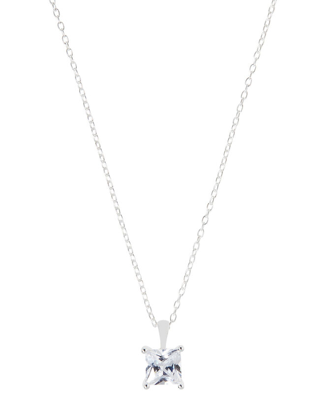 Sterling Silver Princess Cut Solitaire Necklace, , large