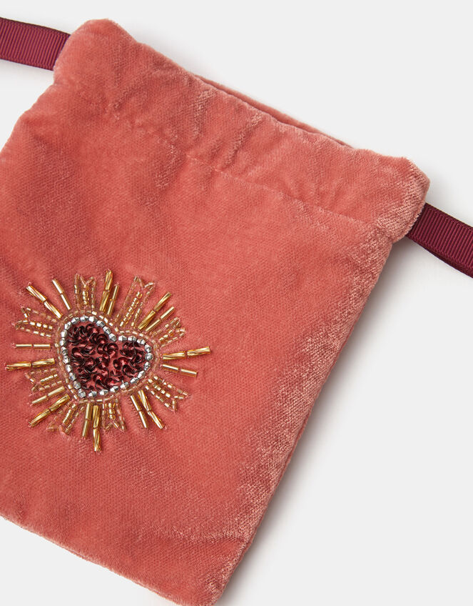 Embellished Heart Velvet Drawstring Bag, , large