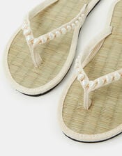 Heart Bead Seagrass Flip Flops, White (WHITE), large