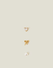 3-Pack 14ct Gold-Plated Surgical Steel Flatback Stud Earrings, , large