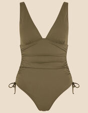 Ruched Side Shaping Swimsuit, Green (KHAKI), large