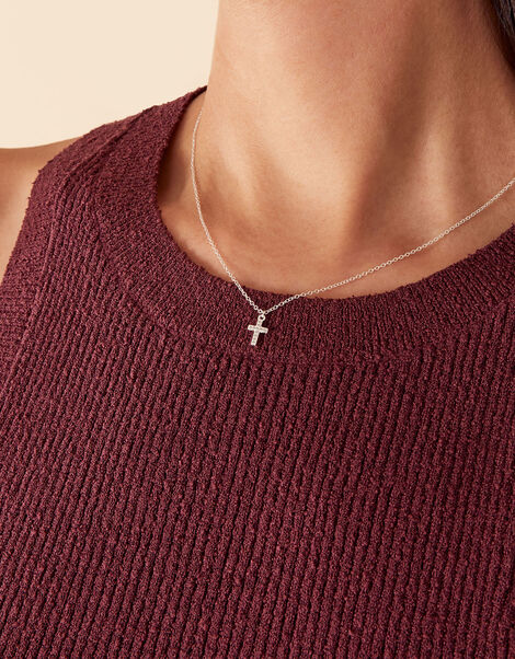Recycled Sterling Silver Sparkle Cross Pendant Necklace, , large