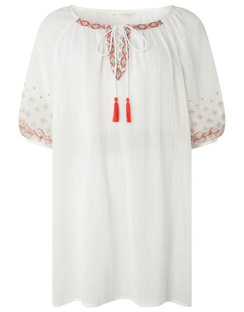 Evie Embroidered Cotton Crop Sleeve Dress, White (WHITE), large
