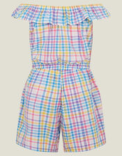 Girls Floral Embroidered Check Bardot Playsuit, Multi (BRIGHTS MULTI), large