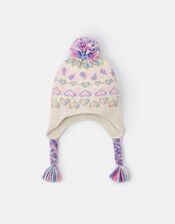 Girls Heart Fair Isle Bobble Trapper Hat, Multi (PASTEL MULTI), large