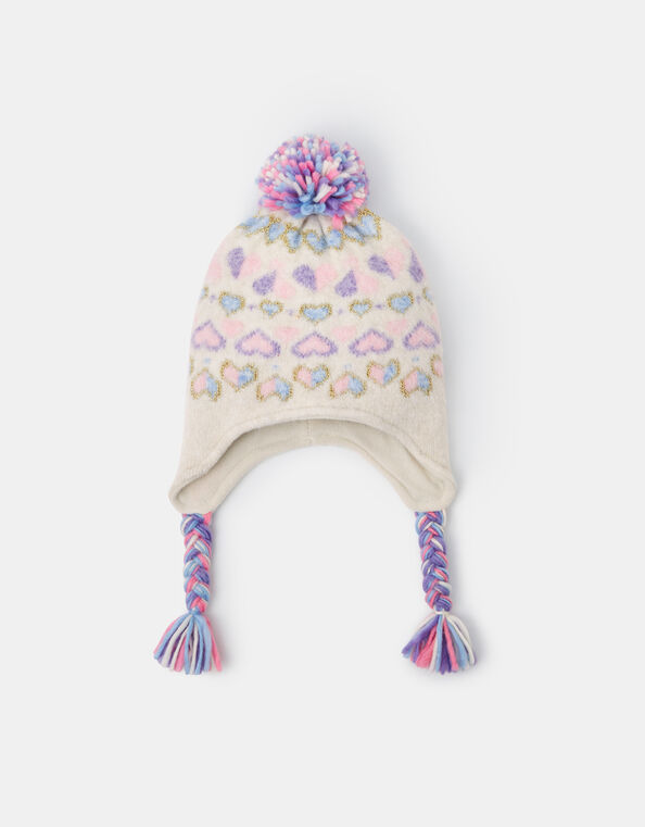 Girls Heart Fair Isle Bobble Trapper Hat, Multi (PASTEL MULTI), large