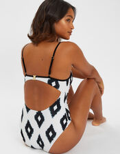 Monochrome Print Tie Front Swimsuit, Ivory (IVORY), large