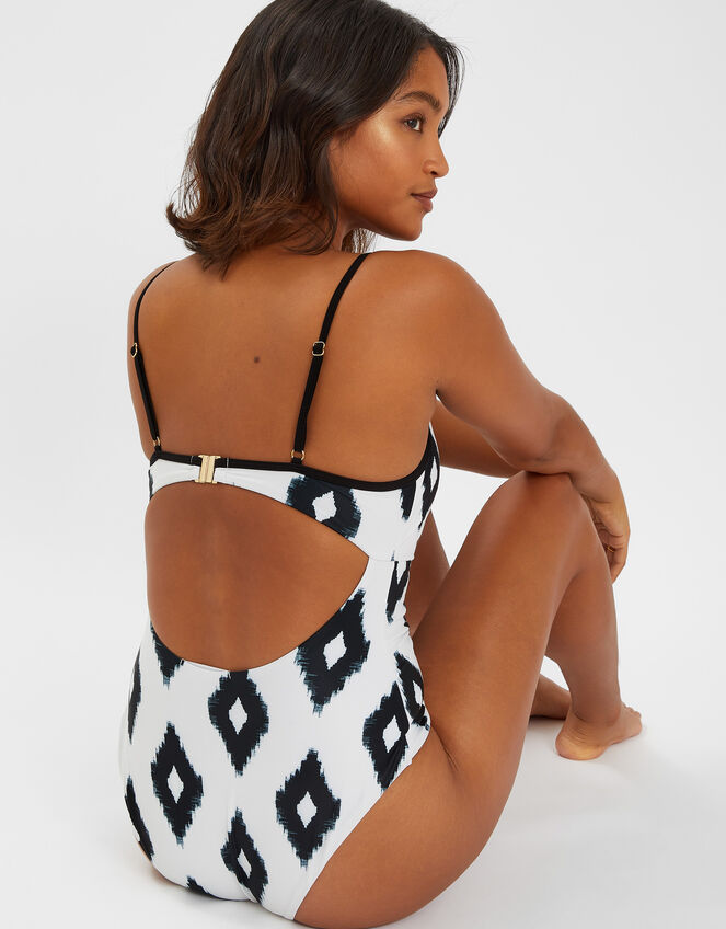 Monochrome Print Tie Front Swimsuit, Ivory (IVORY), large