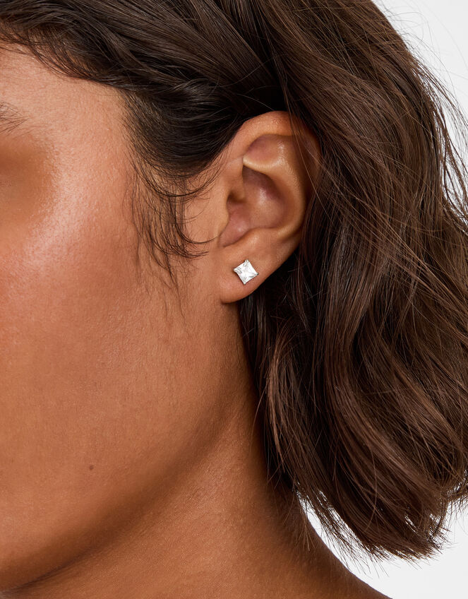 Sterling Silver Princess Cut Stud Earrings, , large