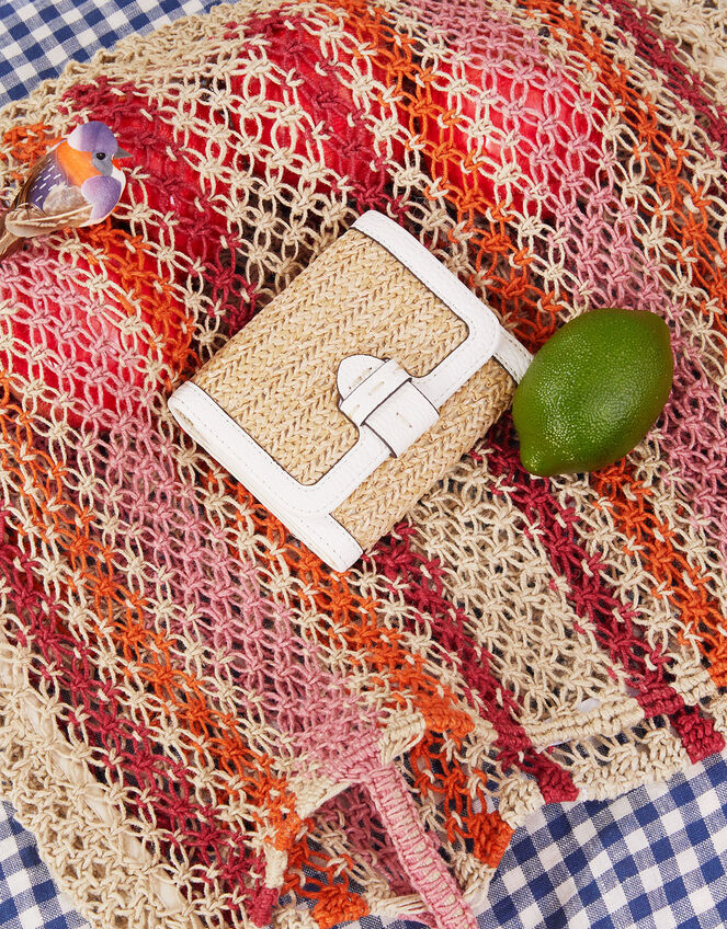 Small Contrast Raffia Purse, White (WHITE), large