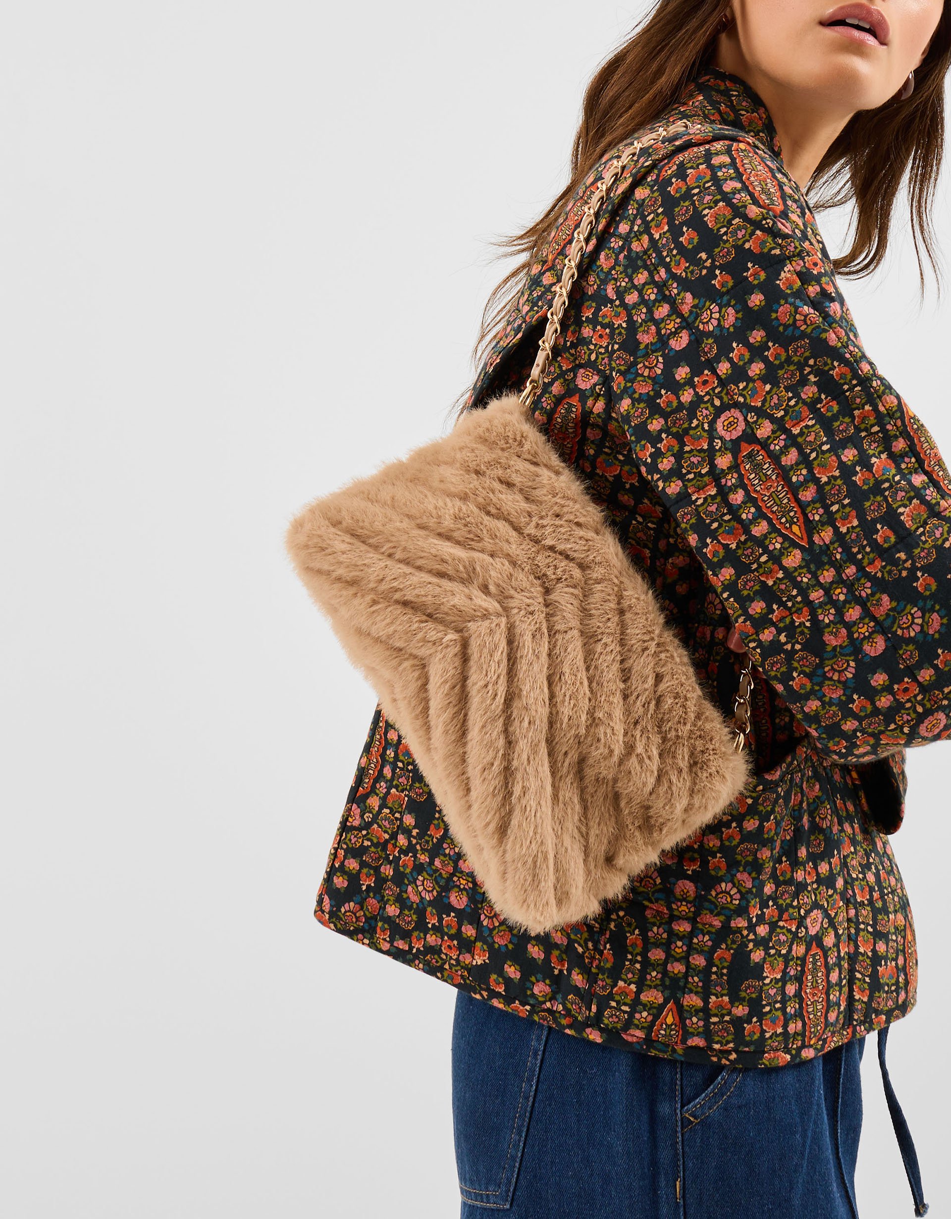 Gold Faux Fur Chain Strap Shoulder Bag - Accessorize