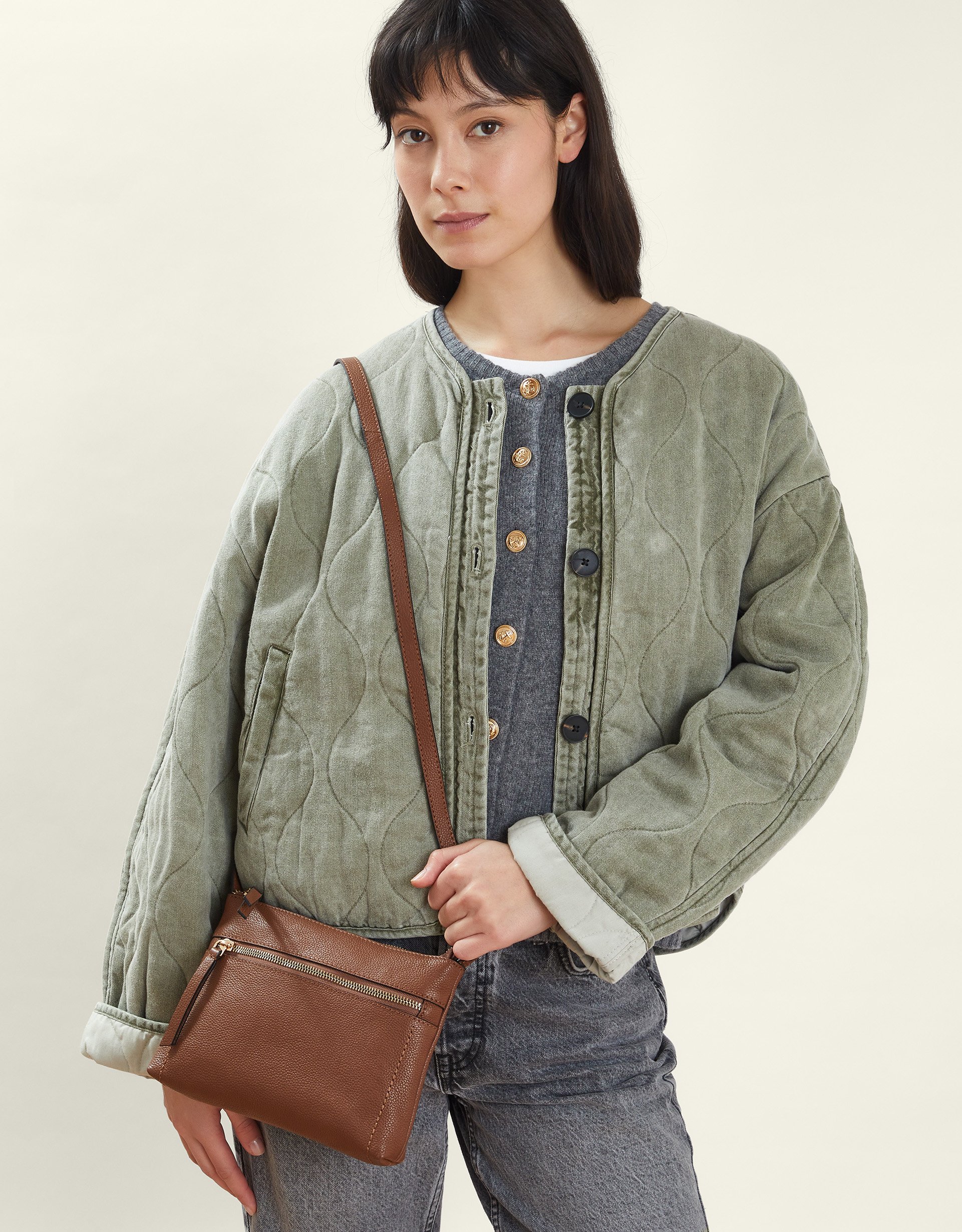 Zip Detail Leather Cross-body Bag Tan - Accessorize