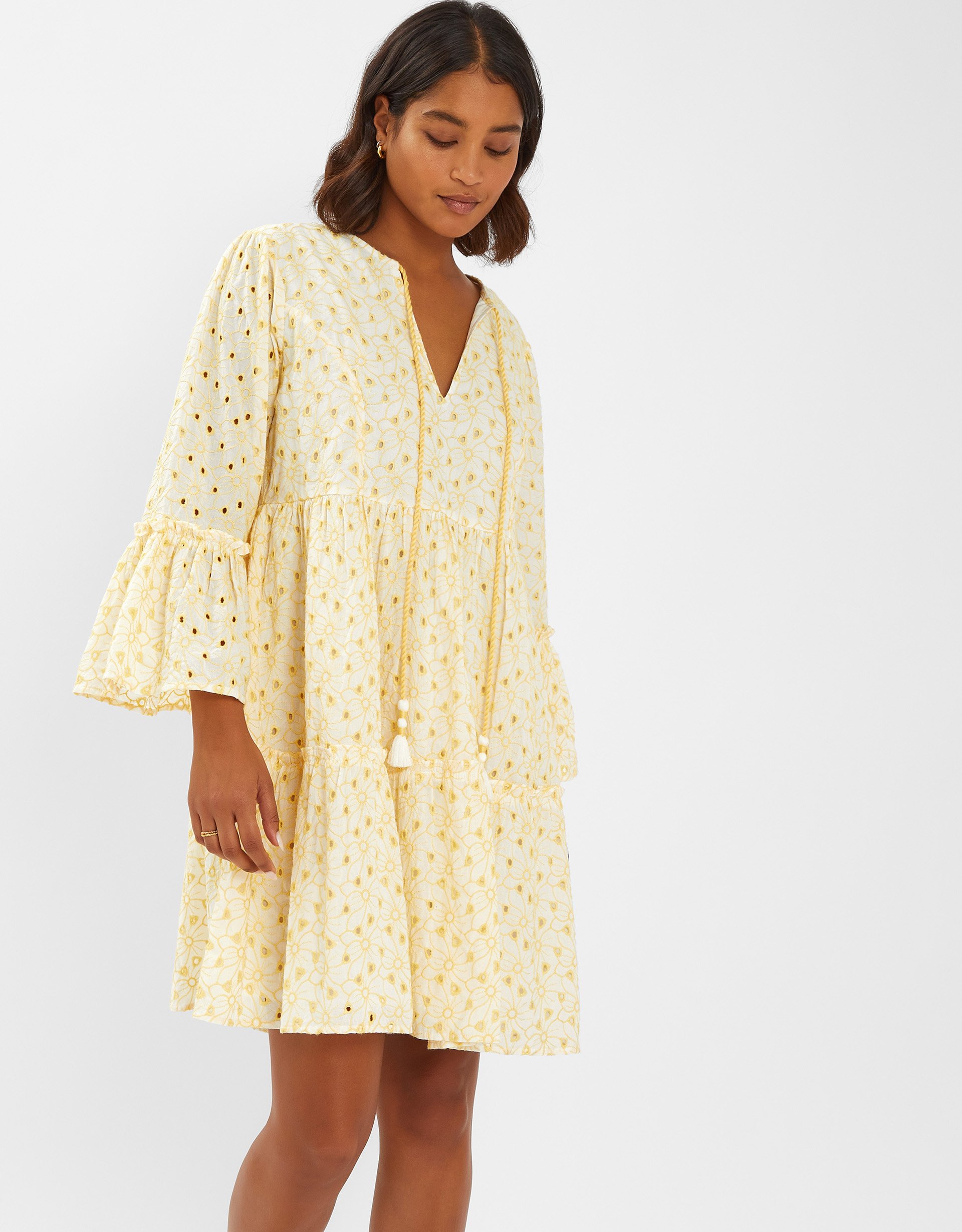 Broderie Flute-sleeve Mini Dress Yellow, Size: L - Accessorize