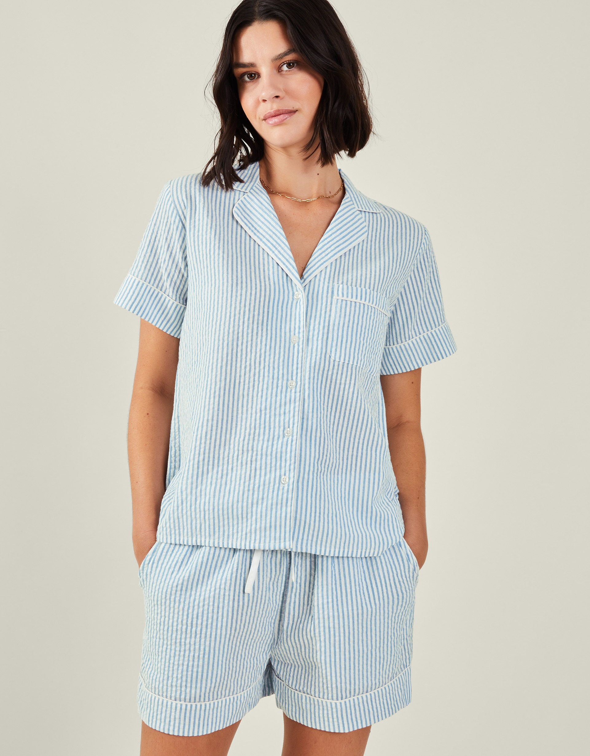 Blue Stripe Short Pyjamas Set, Size: L, Women's - Accessorize