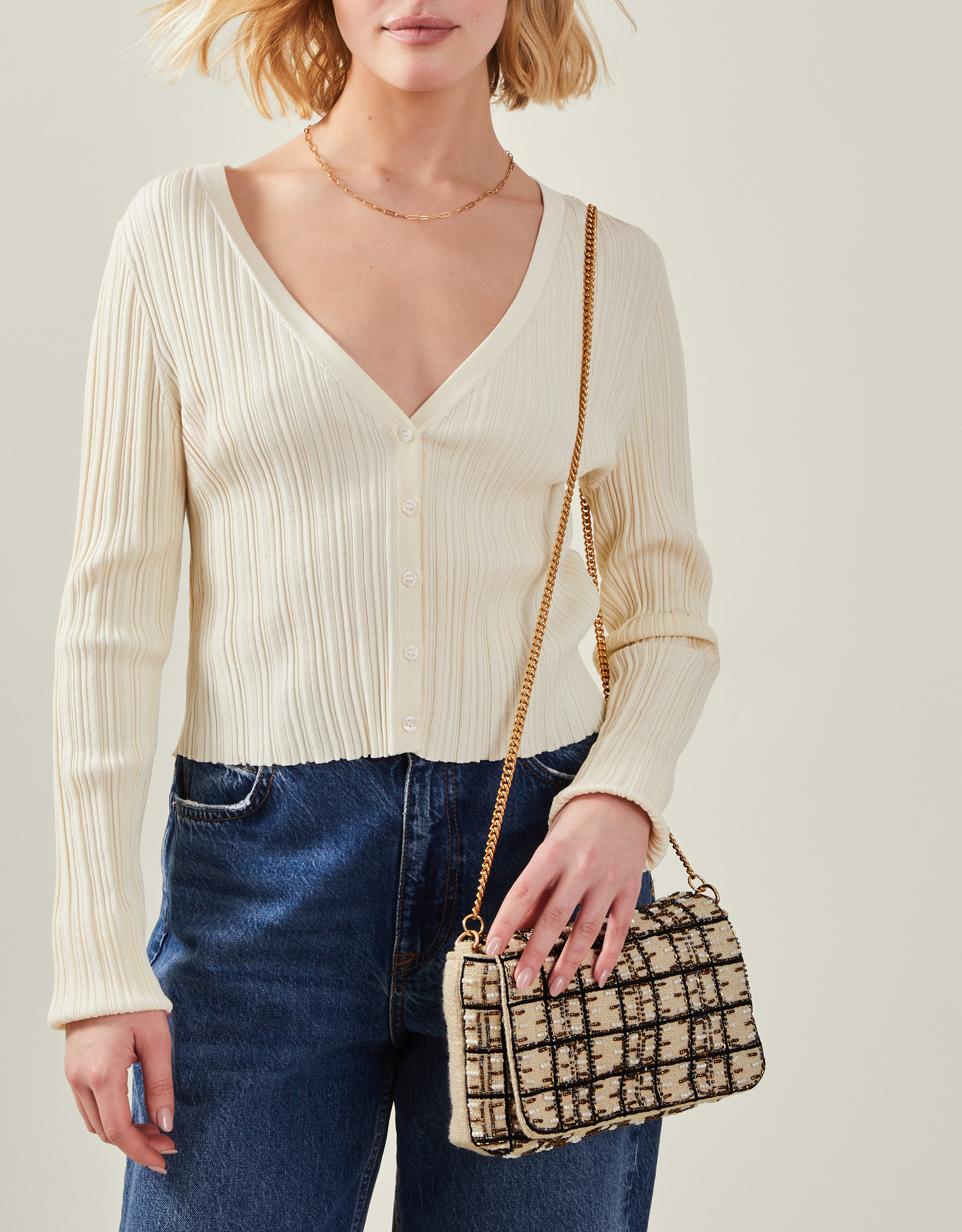 Woven Embellished Clutch Bag Cream - Accessorize