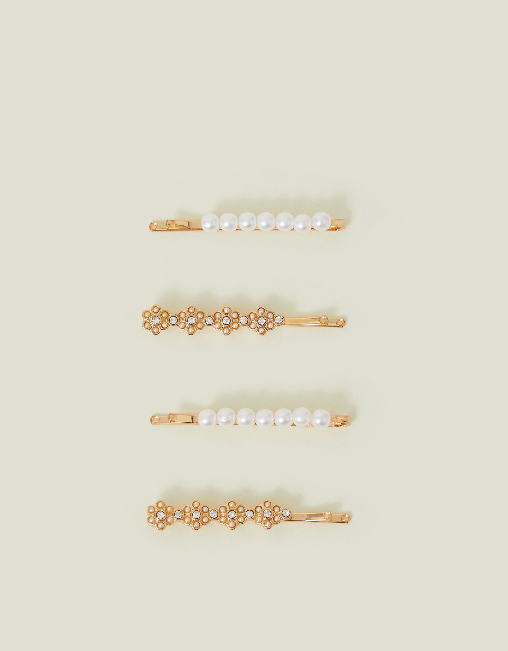 Gold Zinc Iron 4-Pack Pearl Diamante Flower Hair Clips, Girl's - Accessorize Kids