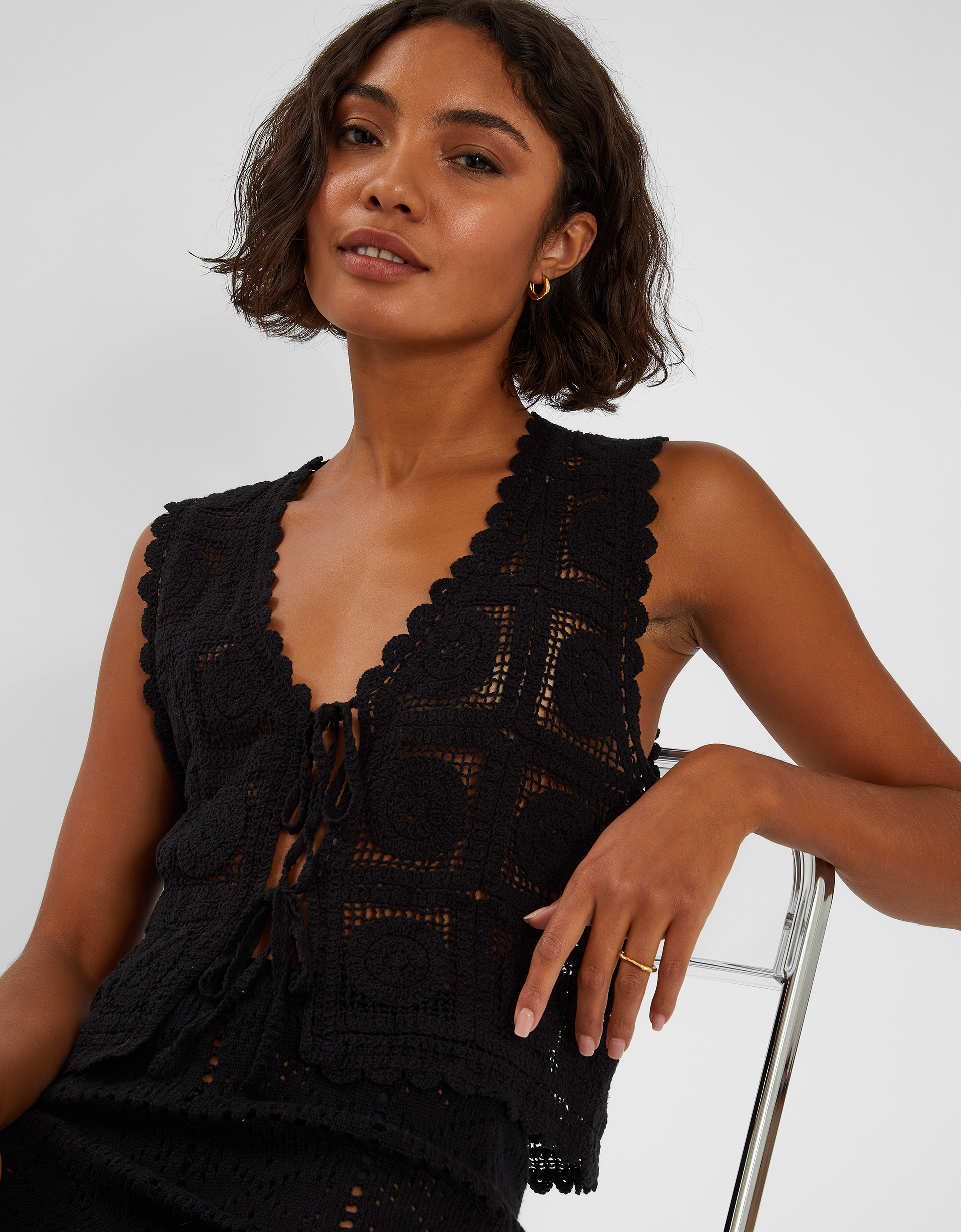 Black Crochet Lace Waistcoat, Size: S, Women's - Accessorize