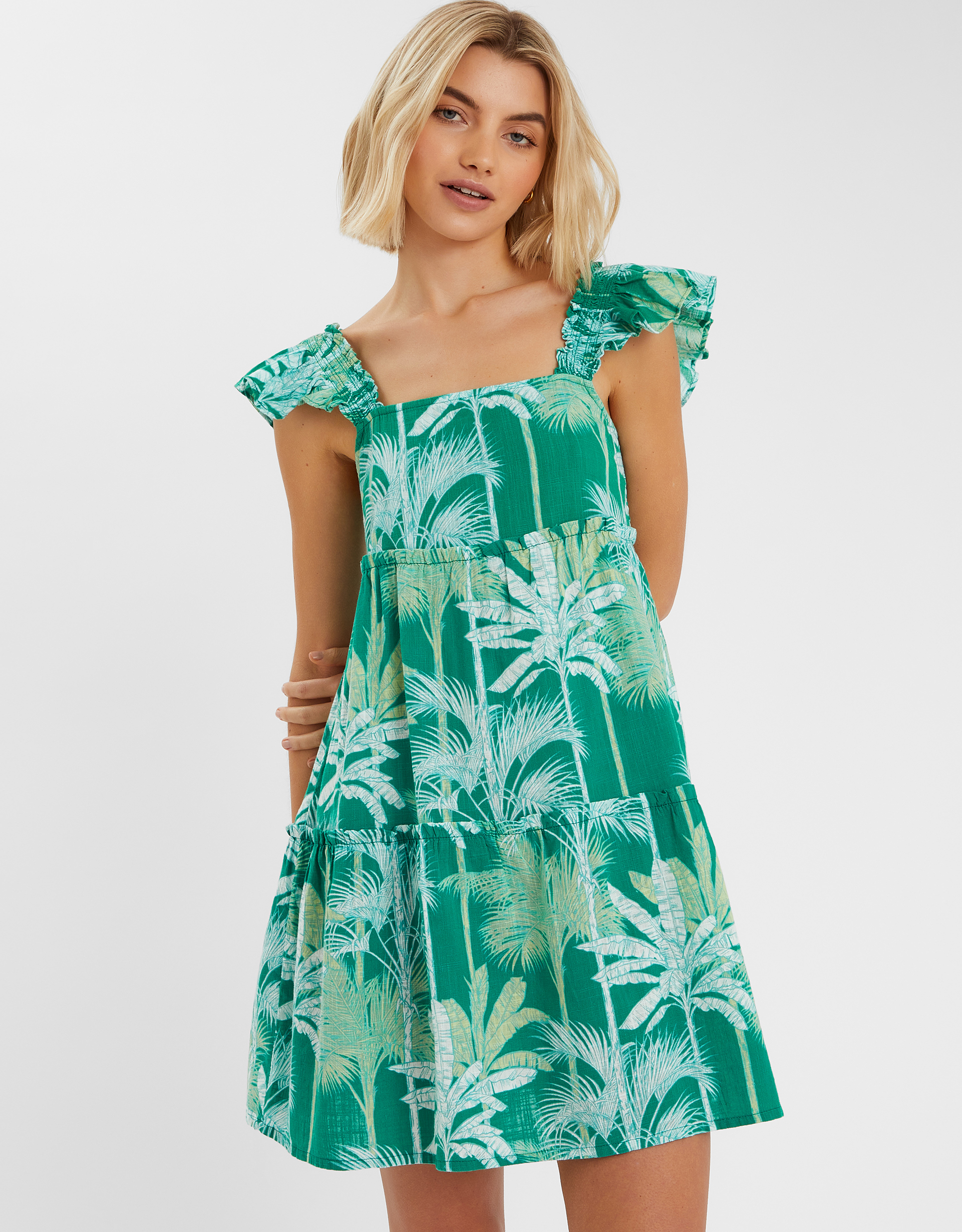Green & White Palm Print Cotton Frill Sundress, Size: L, Women's - Accessorize