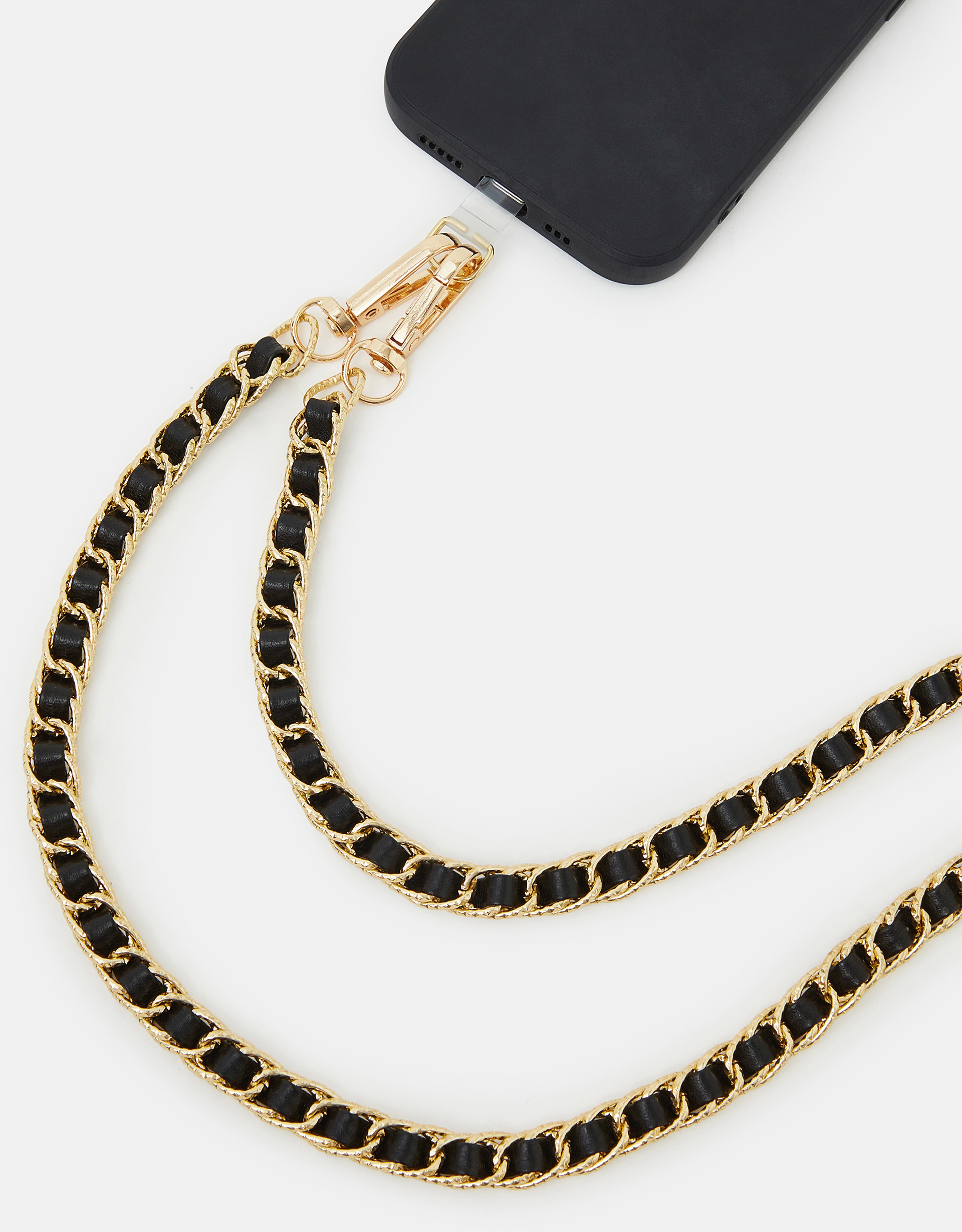Black & Gold Faux Leather Chain Phone Strap, Size: 50x28x40cm, Women's - Accessorize