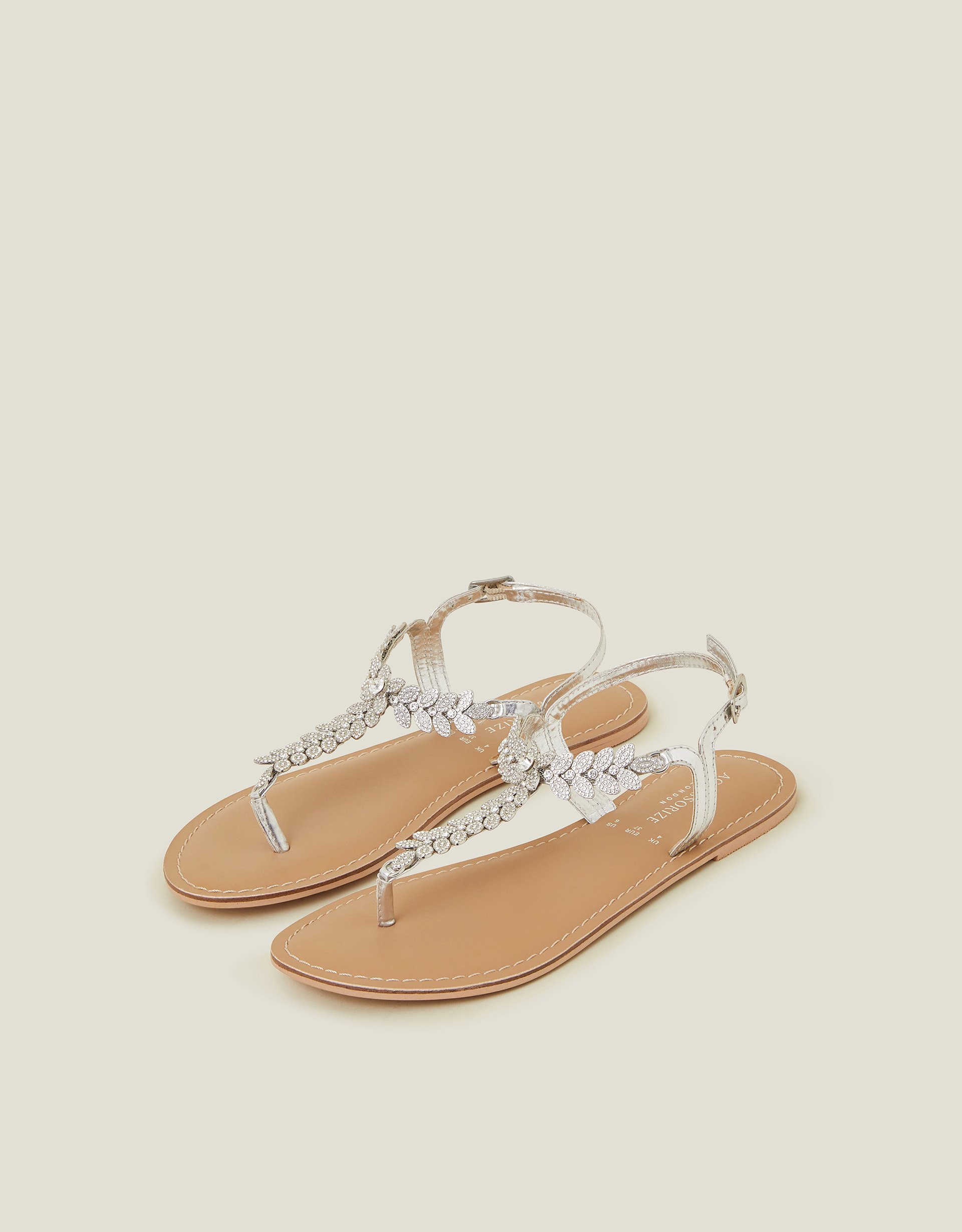 Brown/white Diamante Leaf Embellished Sandals White, Size: 41, Women's - Accessorize