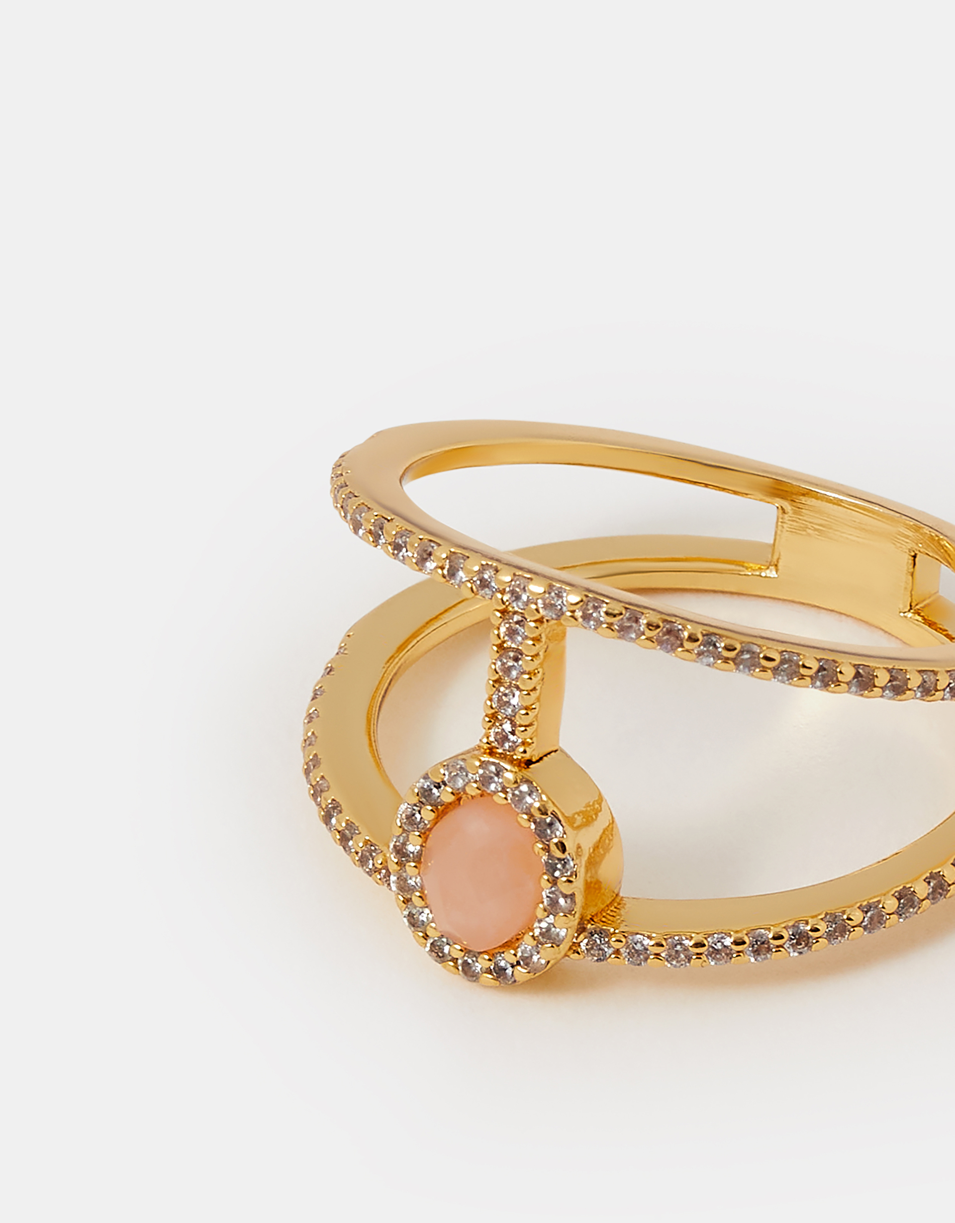 14ct Gold-plated Rose Quartz Double Band Ring Gold, Size: